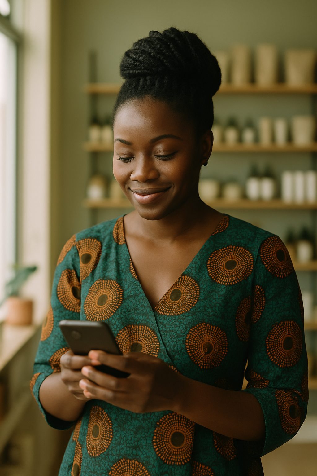 A shop owner replying to her customers on her phone with Hive Agent